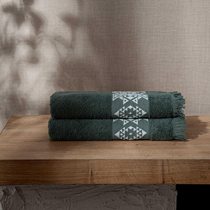 Green Black Hereke 2'li Yüz Havlusu Seti Krem Bordürlü Yeşil