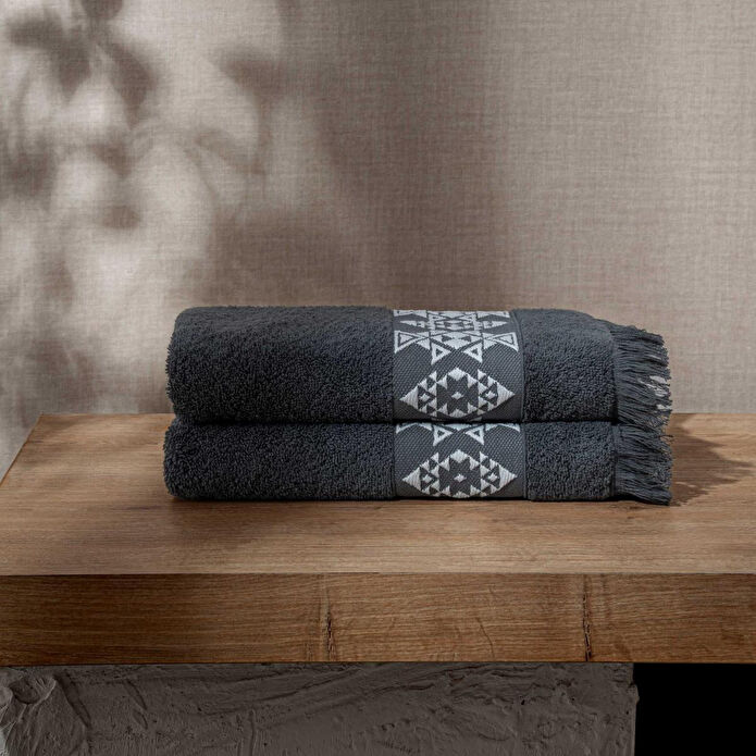 Green Black Hereke 2'li Yüz Havlusu Seti Krem Bordürlü Antrasit