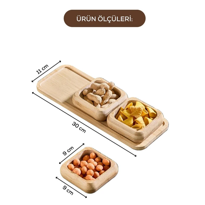 Vienev 3 Kare Kaseli Bambu Çerezlik Tepsili