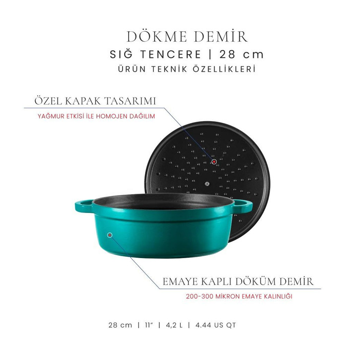 Voeux Kitchenware Profond Turkuaz Sığ Döküm Tencere 28 Cm