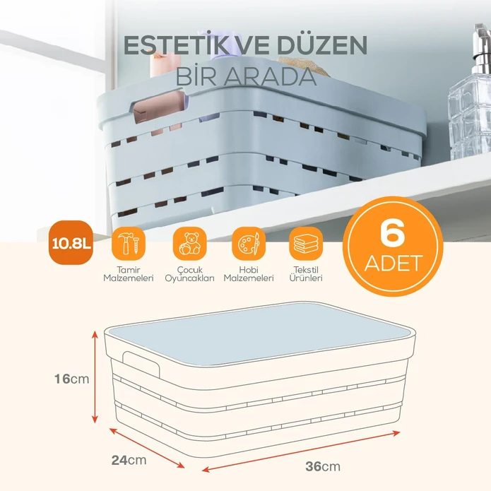 Vienev 6'lı Kapaklı 10,8 Litre Delikli Saklama Kutusu Bej