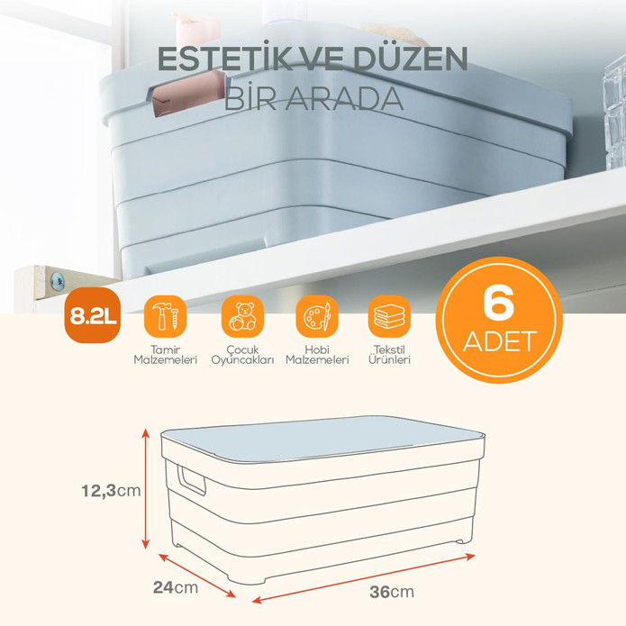 Vienev 6'lı Kapaklı 8,2 Litre Saklama Kutusu Mavi