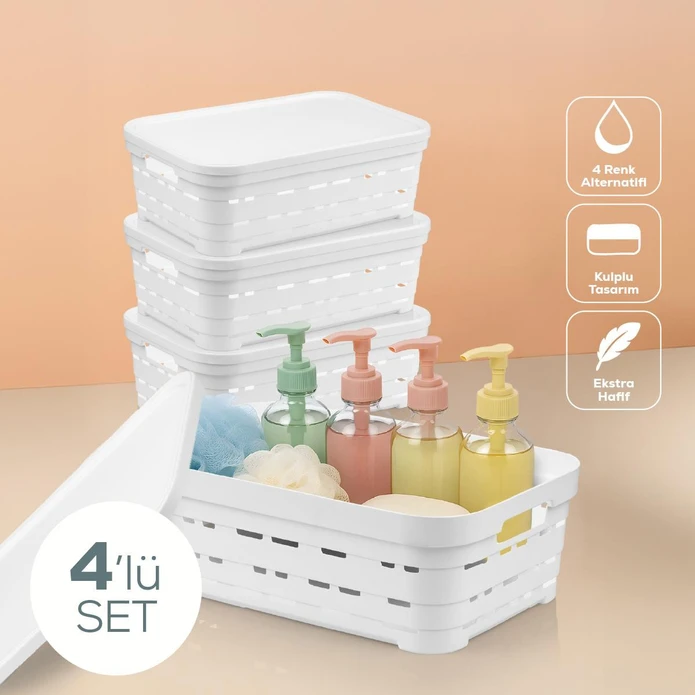 Vienev 4'lü Kapaklı 8,2 Litre Delikli Saklama Kutusu Beyaz