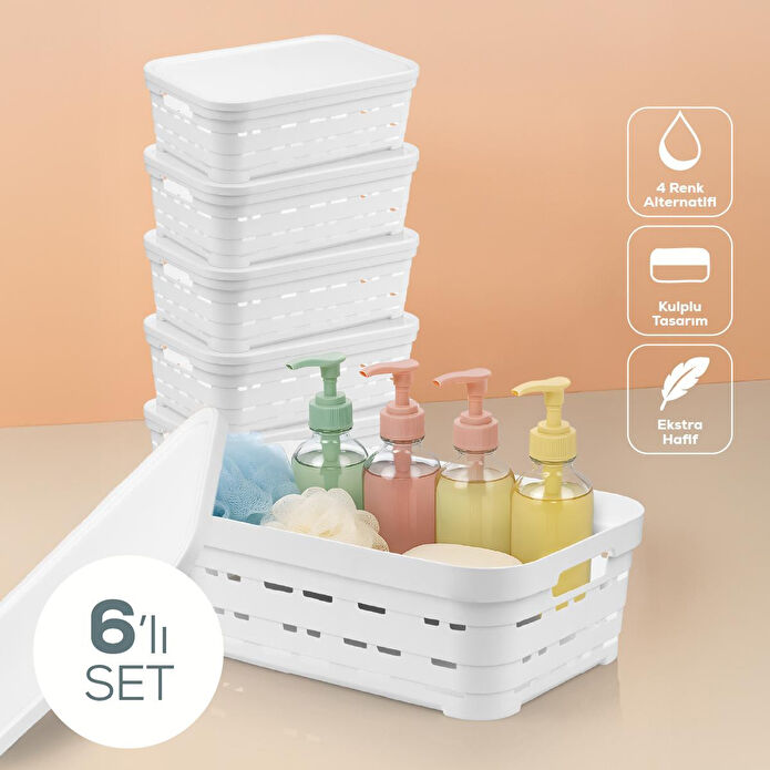 Vienev 6'lı Kapaklı 8,2 Litre Delikli Saklama Kutusu Beyaz