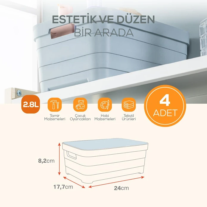 Vienev 4'lü Kapaklı 2,8 Litre Saklama Kutusu Mavi
