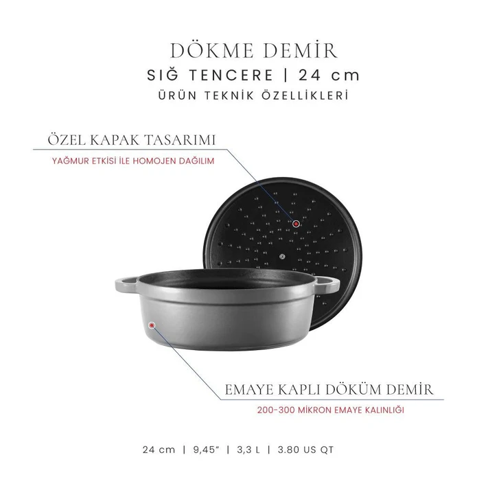 Voeux Kitchenware Gracieuse Gri Sığ Döküm Tencere 24 Cm