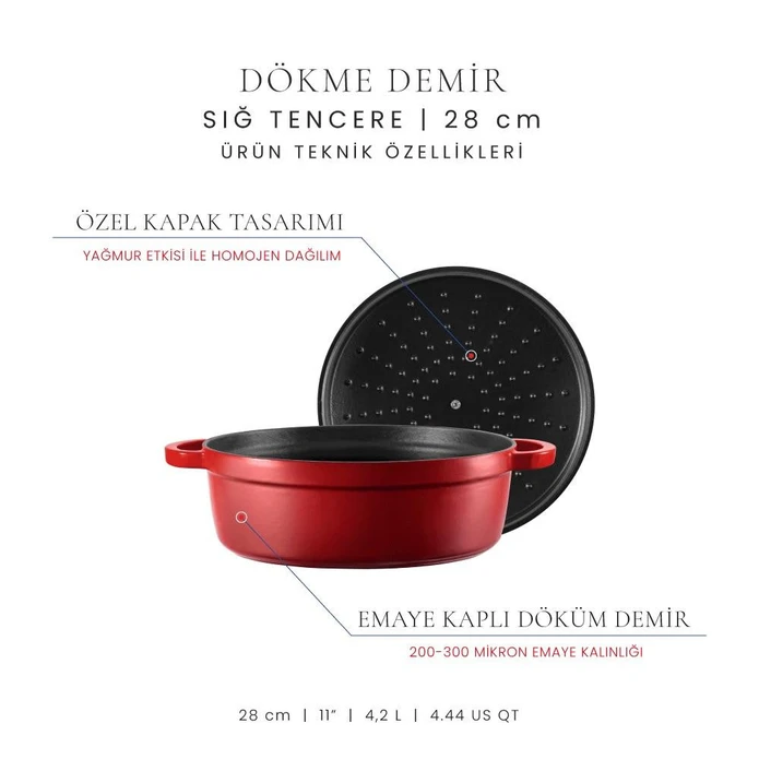 Voeux Kitchenware L'amour Kırmızı Sığ Döküm Tencere 28 Cm