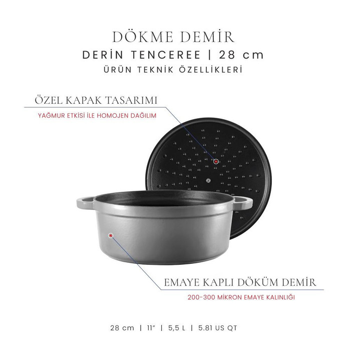 Voeux Kitchenware Gracieuse Gri Derin Döküm Tencere 28 Cm