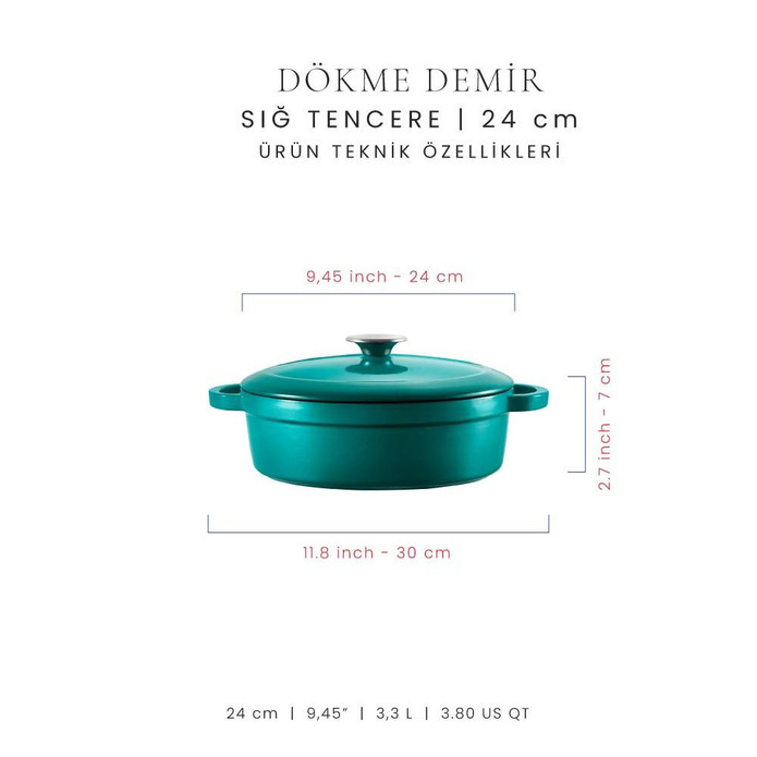 Voeux Kitchenware Profond Turkuaz Sığ Döküm Tencere 24 Cm