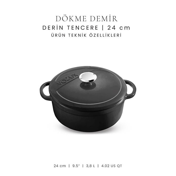 Voeux Kitchenware Elegance Siyah Derin Döküm Tencere 24 Cm