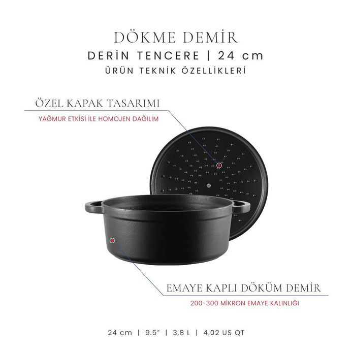 Voeux Kitchenware Elegance Siyah Derin Döküm Tencere 24 Cm