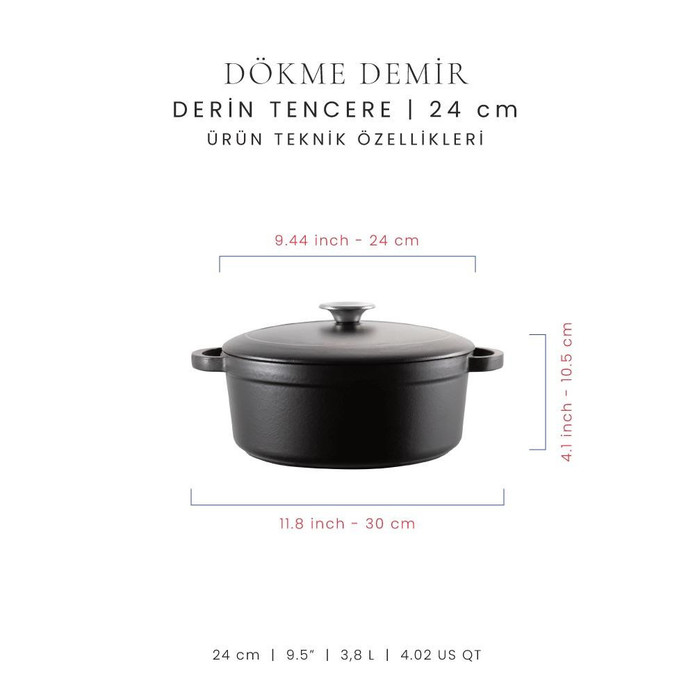 Voeux Kitchenware Elegance Siyah Derin Döküm Tencere 24 Cm