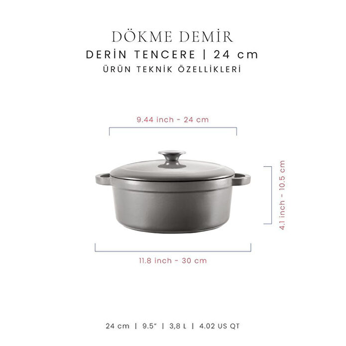 Voeux Kitchenware Gracieuse Gri Derin Döküm Tencere 24 Cm
