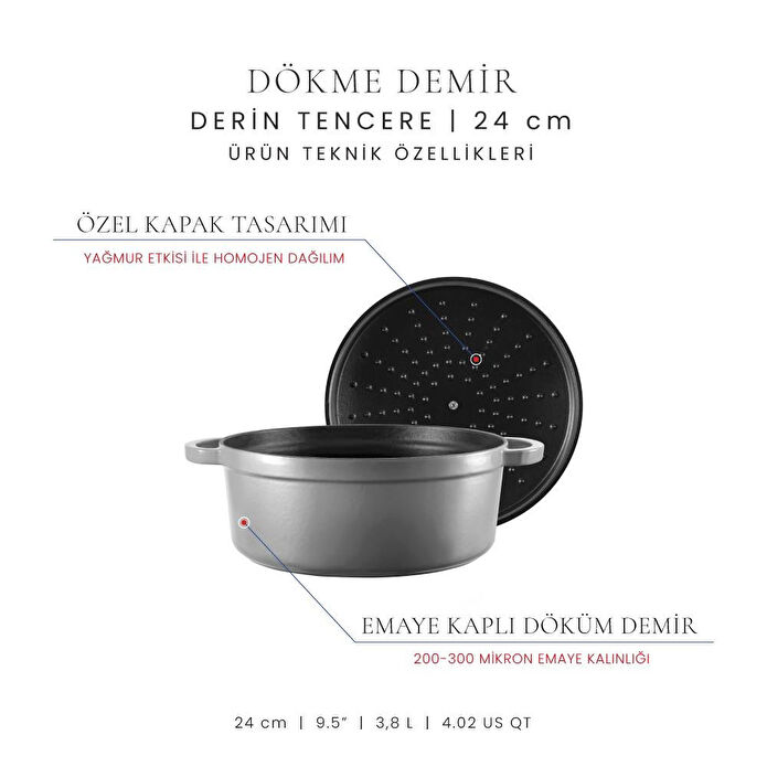 Voeux Kitchenware Gracieuse Gri Derin Döküm Tencere 24 Cm