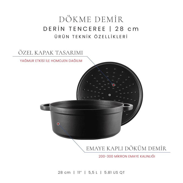 Voeux Kitchenware Elegance Siyah Derin Döküm Tencere 28 Cm