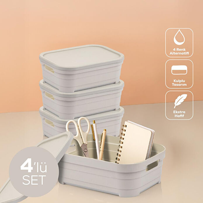 Vienev 4'lü Kapaklı 2,8 Litre Saklama Kutusu Bej