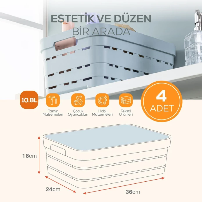 Vienev 4'lü Kapaklı 10,8 Litre Delikli Saklama Kutusu Beyaz
