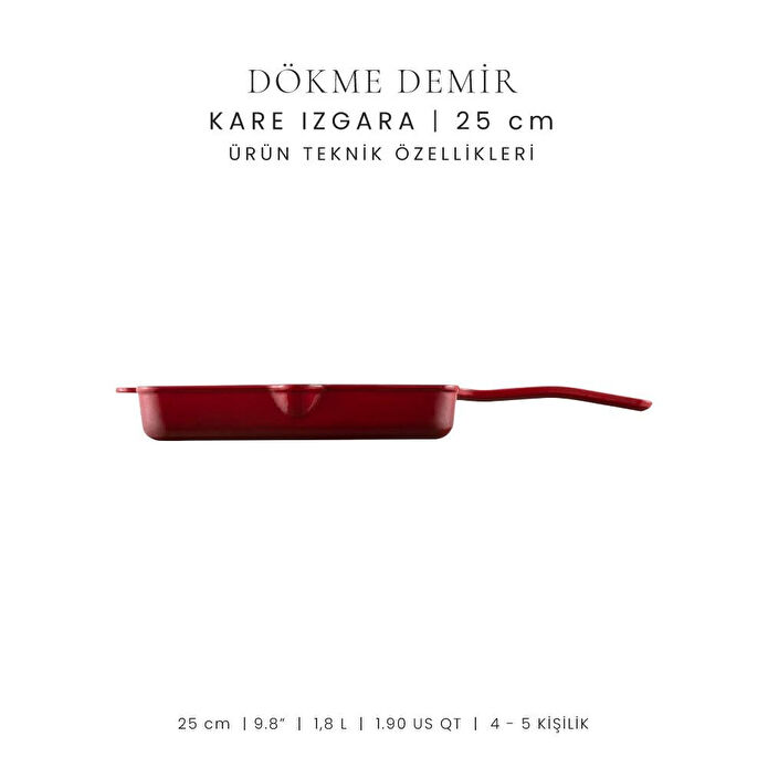 Voeux Kitchenware L'amour Kırmızı Döküm Kare Izgara Tava 25 Cm