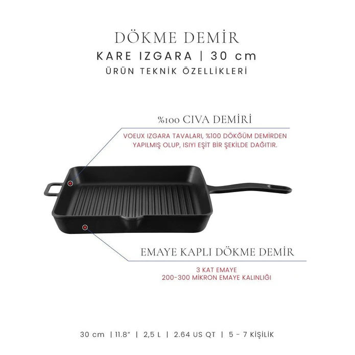 Voeux Kitchenware Elegance Siyah Döküm Kare Izgara Tava 30 Cm