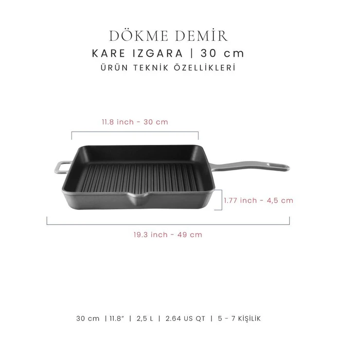 Voeux Kitchenware Gracieuse Gri Döküm Kare Izgara Tava 30 Cm