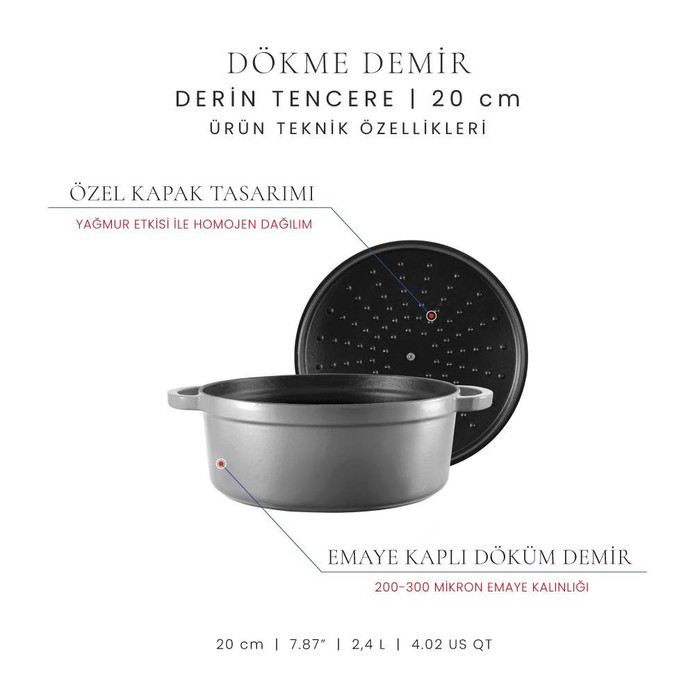 Voeux Kitchenware Gracieuse Gri Derin Döküm Tencere 20 Cm