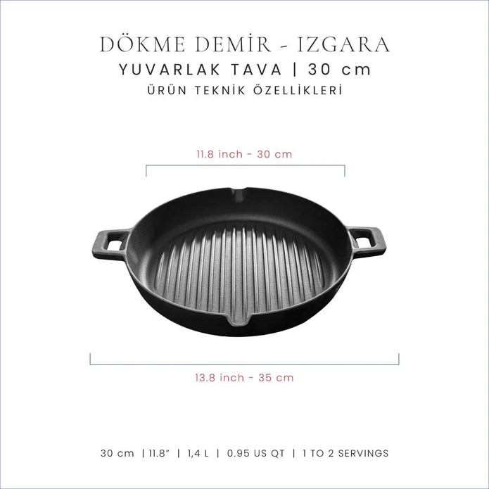 Voeux Kitchenware Elegance Siyah Döküm Yuvarlak Izgara Tava 30 Cm