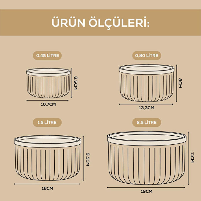 Vienev 4'lü Yuvarlak Saklama Kabı Seti Bej | 2.5l 1.5l 0.80l 0.45l | Mikrodalga Ve Dondurucu Uyumlu