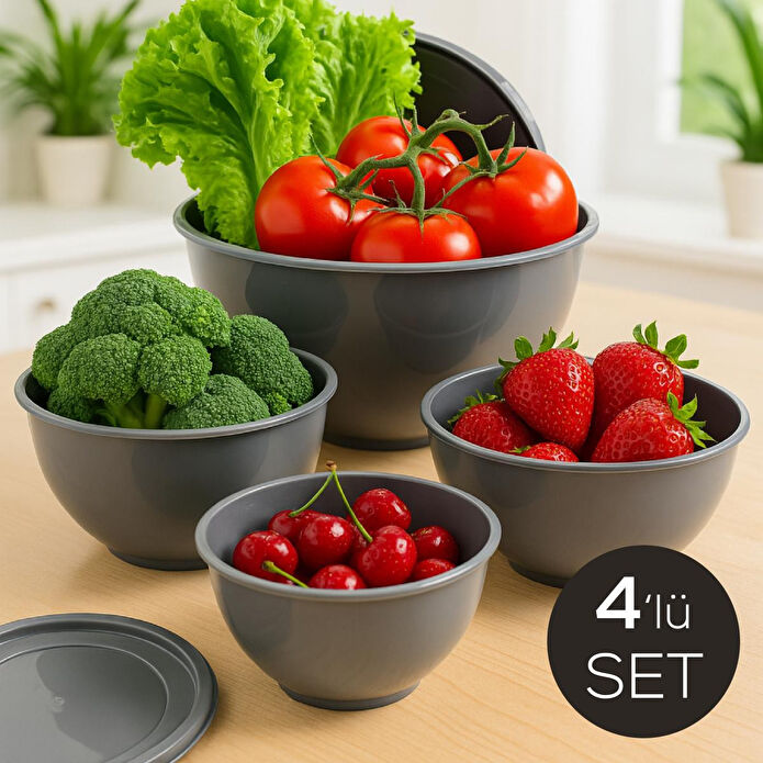 Vienev 4’lü Yuvarlak Saklama Kabı Seti ( 1l - 1,5l - 2,3l - 3,3l ) Antrasit