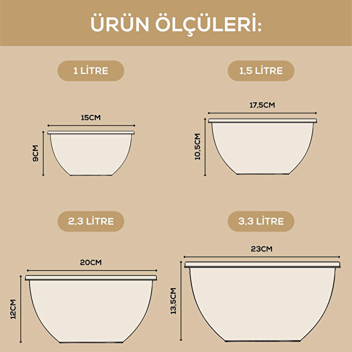 Vienev 4’lü Yuvarlak Saklama Kabı Seti ( 1l - 1,5l - 2,3l - 3,3l ) Antrasit