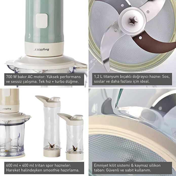 Berghoff Gem Retro 700 W Kişisel Blender & Doğrayıcı – 1,2 L Titanyum Bıçaklı Hazne, Bakır AC Motor | Mint Yeşil
