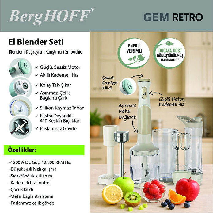 Berghoff Gem Retro 1200 W El Blender Seti – 800 ml Hazne, 5 Parça Aksesuar, Metal Konektör | Vanilya Krem