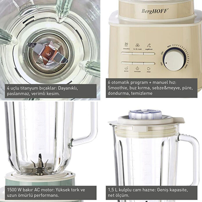Berghoff Gem Retro 1500 W Masaüstü Blender – 1,5 L Cam Hazne, Titanyum Bıçak, Bakır AC Motor | Mint Yeşil