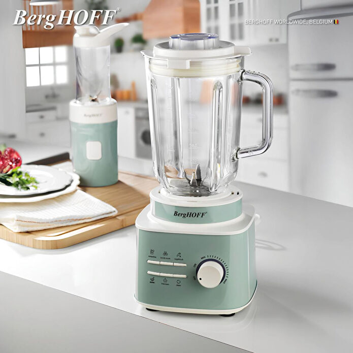 Berghoff Gem Retro 1500 W Masaüstü Blender – 1,5 L Cam Hazne, Titanyum Bıçak, Bakır AC Motor | Mint Yeşil