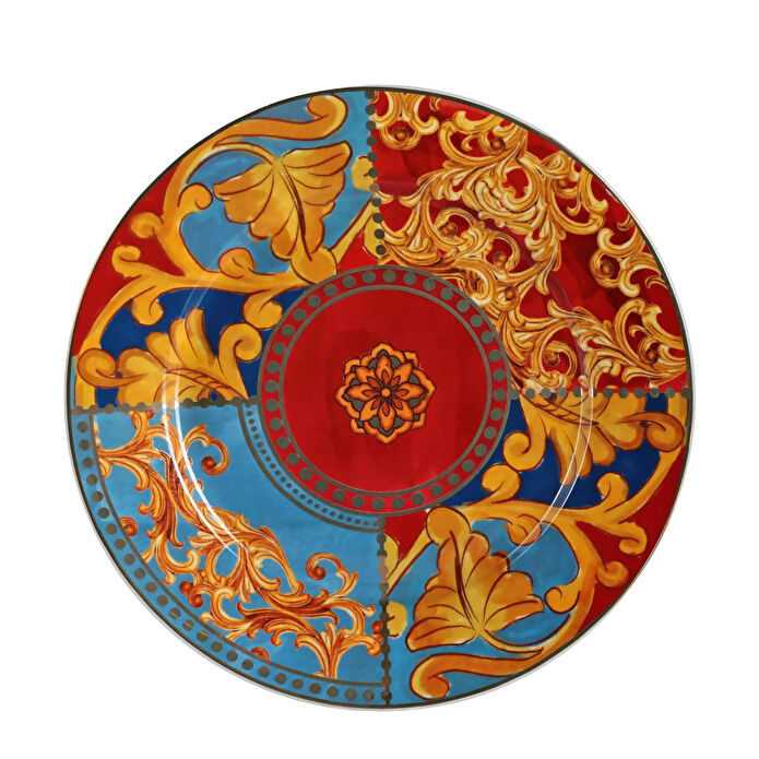 Lucky Art Clarissa Bone China Porselen Mavi Kırmızı Barok Desenli 4 Lü Yemek Tabağı Seti 27 Cm