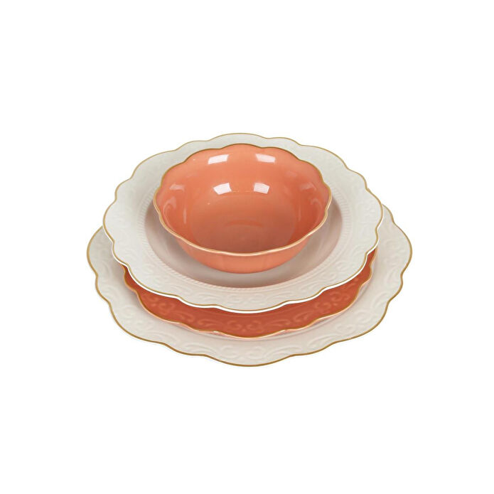 Lucky Art Laurance Krem&yanik Turuncu Renkli̇ New Bone Chi̇na Yemek Takimi 24 Parça