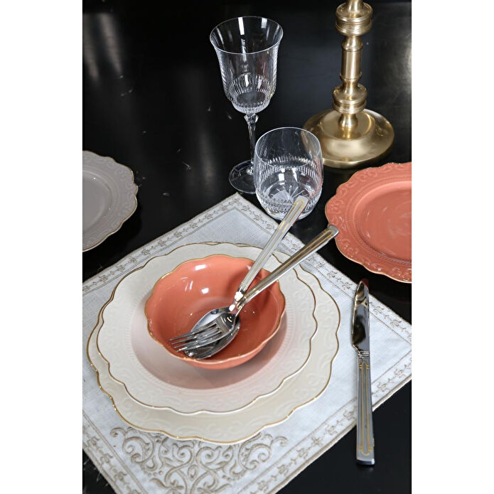 Lucky Art Laurance Krem&yanik Turuncu Renkli̇ New Bone Chi̇na Yemek Takimi 24 Parça