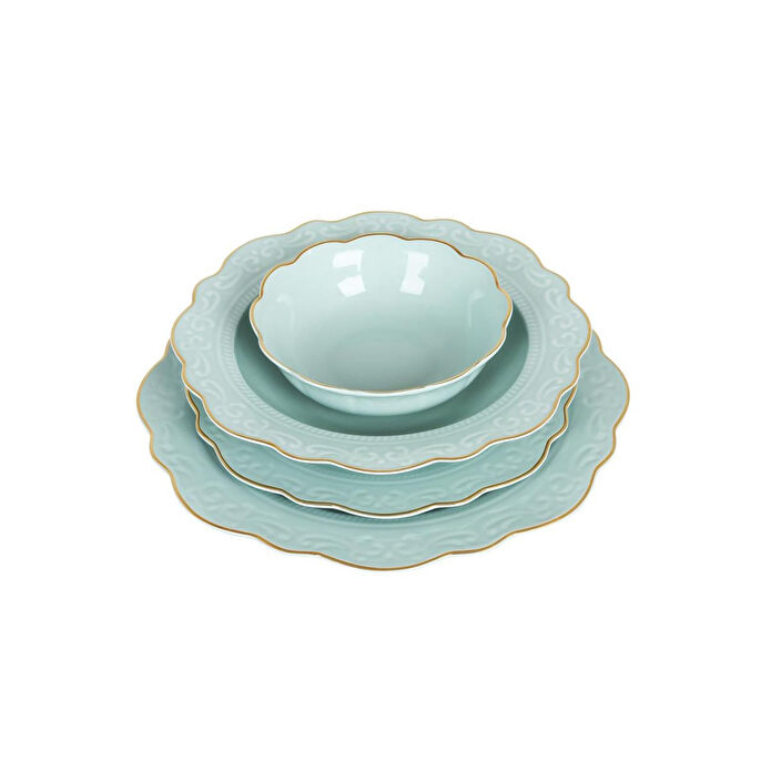 Lucky Art Laurance Mi̇nt Yeşi̇l Renkli̇ New Bone Chi̇na Yemek Takimi 24 Parça