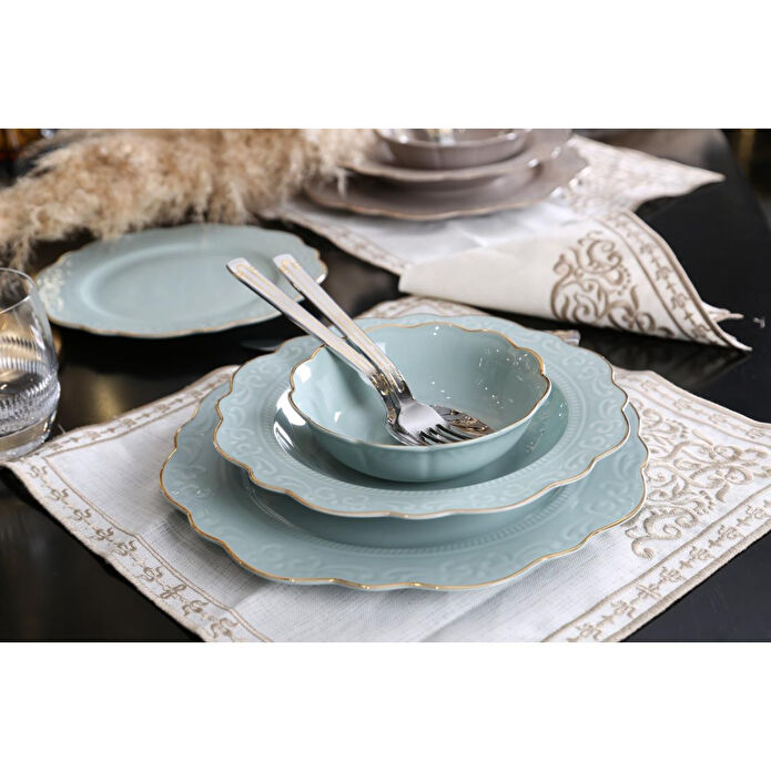 Lucky Art Laurance Mi̇nt Yeşi̇l Renkli̇ New Bone Chi̇na Yemek Takimi 24 Parça