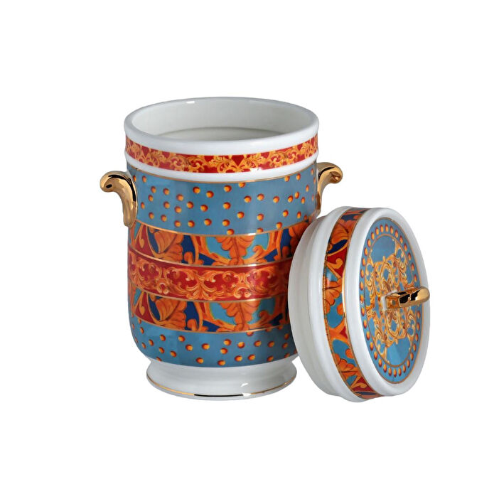 Lucky Art Clarissa Bone China Porselen Mavi Beyaz Naturel Barok Desenli Kulplu Kavanoz 22 Cm