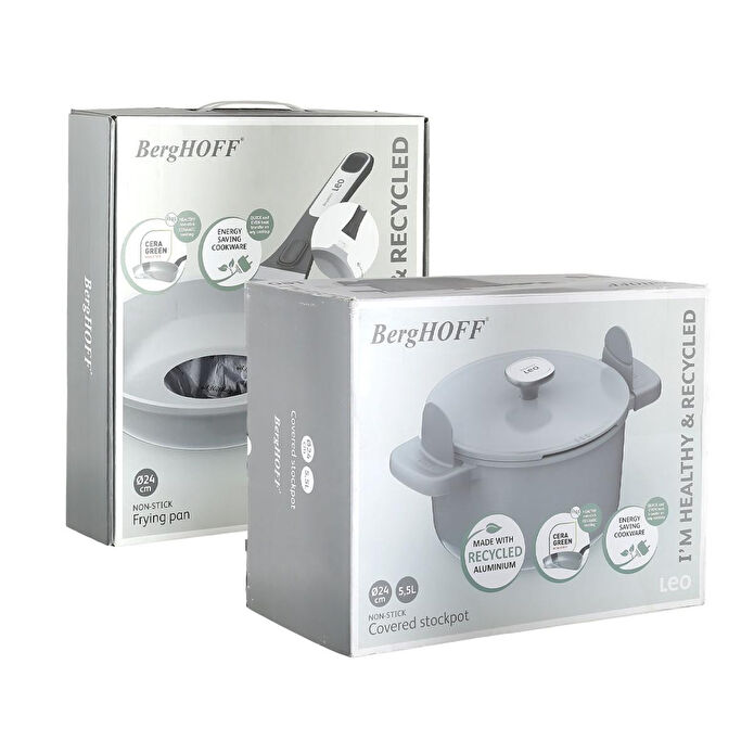 Berghoff Leo Phantom Kapakli Yapişmaz Deri̇n Tencere 24 Cm + Kizartma Tavasi 24 Cm Smoked Grey