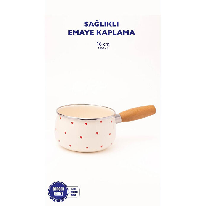 Emaylab Cupid Ahşap Saplı Kalp Desenli Emaye Sos Tavası 16cm 1,3 Litre (i̇ndüksi̇yon Dahi̇l Tüm Ocaklara Uygun)
