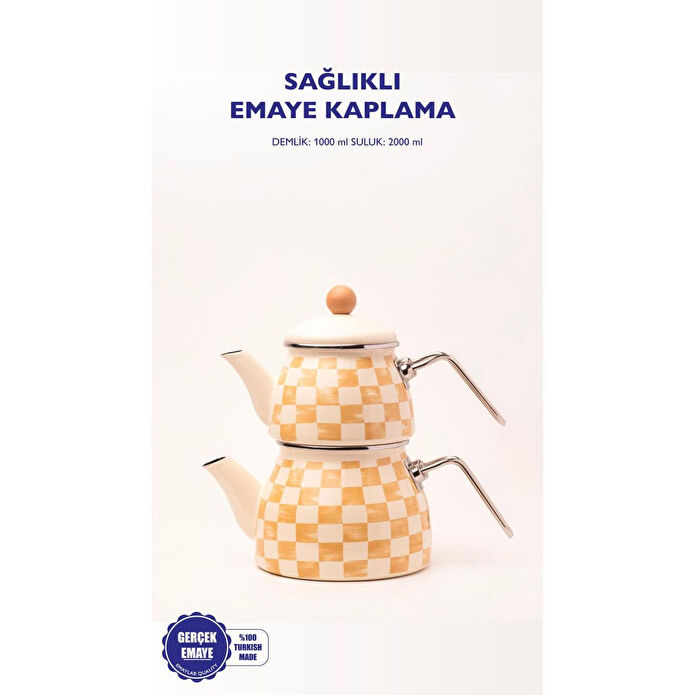 Emaylab Beige Dama Desenli Emaye Çaydanlık (tüm Ocaklara Uygun)