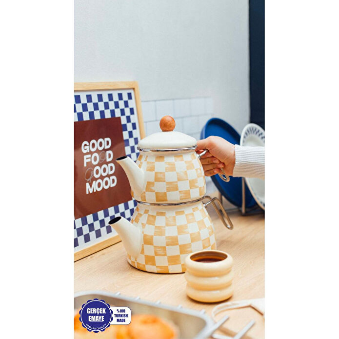 Emaylab Beige Dama Desenli Emaye Çaydanlık (tüm Ocaklara Uygun)