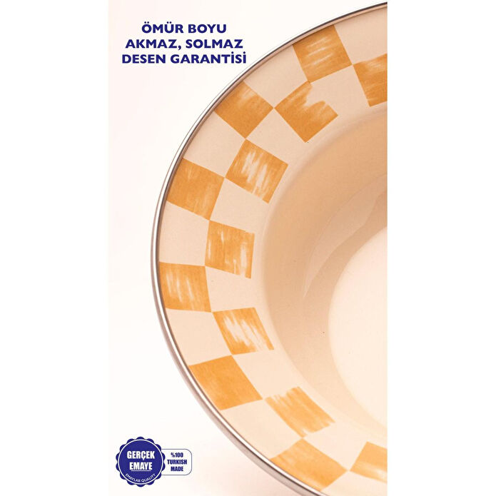 Emaylab Beige Dama Desenli Emaye Çukur Makarna Ve Salata Tabağı 24cm