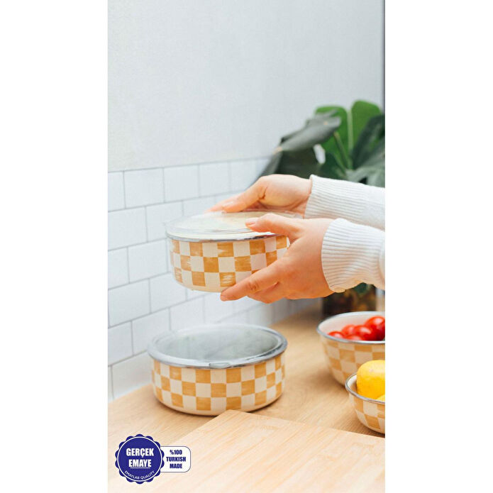 Emaylab Beige Dama Desenli Emaye Saklama Kabı (ocakta Kullanilabi̇li̇r)