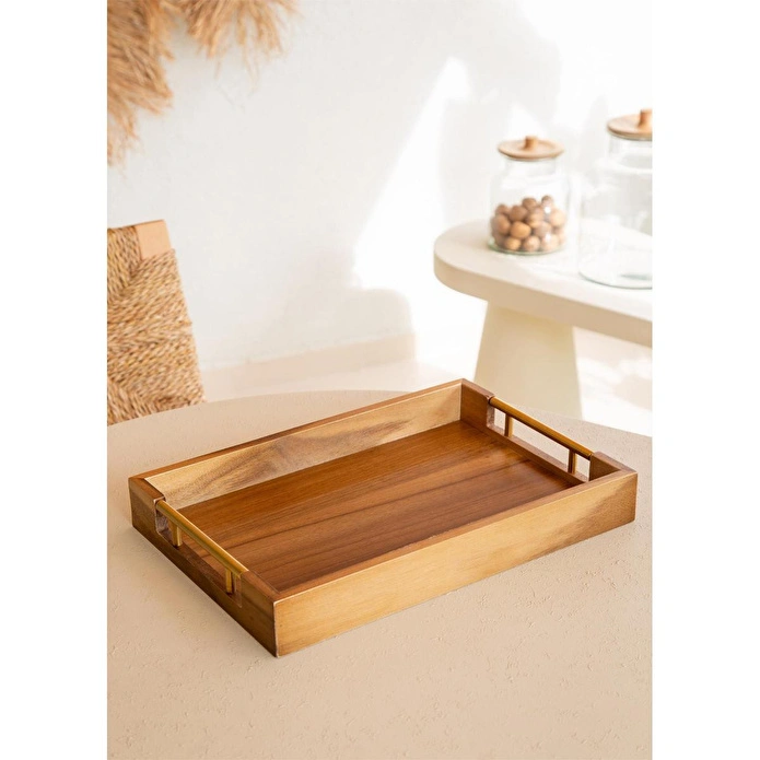 The Mia Natura Akasya Metal Kulplu Tepsi Gold 38x26x5 Cm