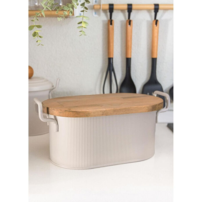 The Mia Stripe Ahşap Kapaklı Ekmek Saklama Kutusu Bej 40x22x18 Cm