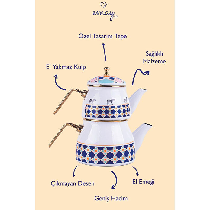 Emaylab Jaolu Zebra Desenli Emaye Çaydanlık Takımı (tüm Ocaklarda Kullanılabilir)