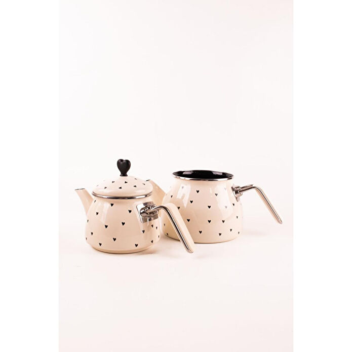 Emaylab Black Cupid Kalp Desenli Emaye Çaydanlık Takımı (özel Zamak Tepeli)