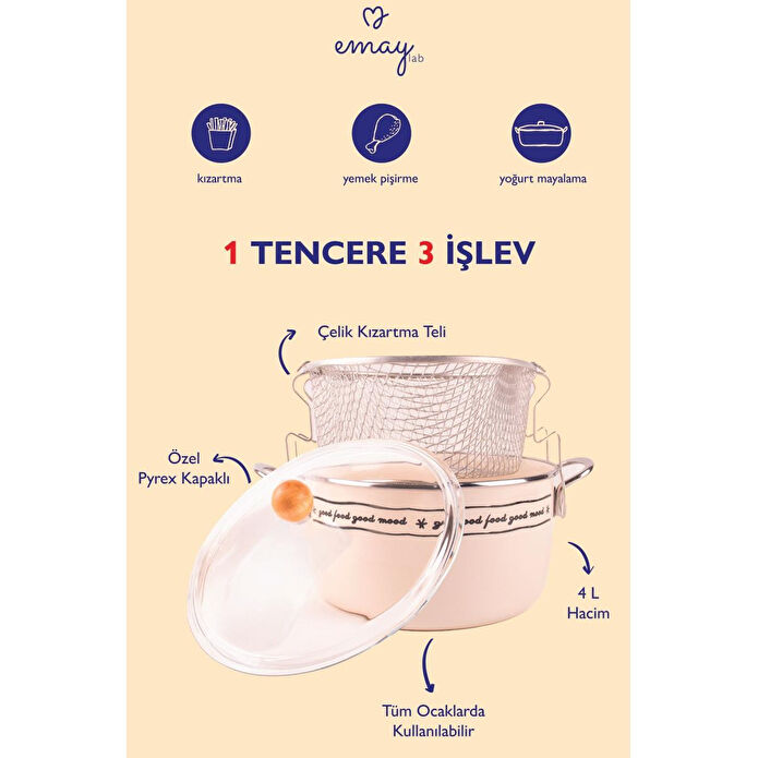 Emaylab Mood Emaye Kızartma Tenceresi/ Fritöz (özel Pyrex Kapaklı)